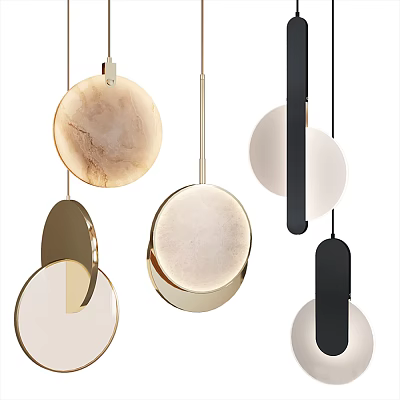 Modern Minimalist Pendant Lights With Circular Marble Panels And Metallic Black Gold Frames 3d model