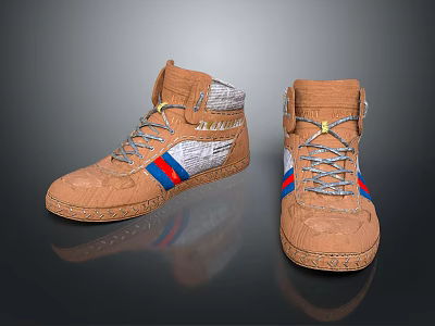 Brown High Top Shoes With Red And Blue Stripes Gray Laces And Textured Soles 3d model