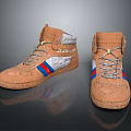 Brown High Top Shoes With Red And Blue Stripes Gray Laces And Textured Soles