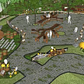 Park Landscape With Bamboo Fences Wooden Benches Stone Paths Green Plants And Small Bee Decorations