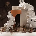 Floral Installation With Large White Flowers Brown White Backdrop Balloons Dark Curtain Background Details