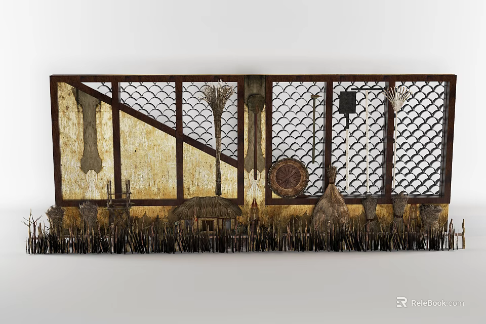 Rustic Background Wall Featuring Grid Design Brooms Circular Decor And Bottom Thatch 3d model 