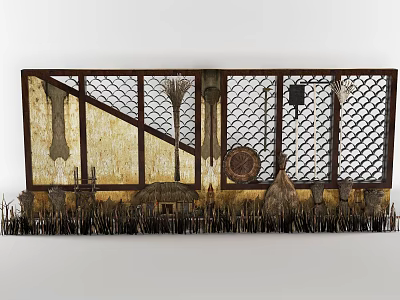 Rustic Background Wall Featuring Grid Design Brooms Circular Decor And Bottom Thatch 3d model