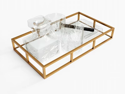 Elegant Golden Metal Tray with Transparent Wine Bottle Glassware Ice Bucket and Black Tool 3d model