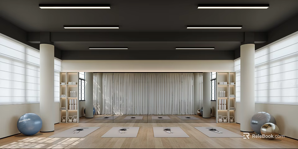 Spacious Fitness Yoga Studio With Wooden Floor Multiple Mats White Curtains And Strip Lights 3d model 