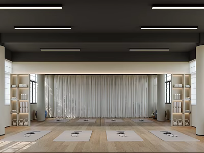Spacious Fitness Yoga Studio With Wooden Floor Multiple Mats White Curtains And Strip Lights 3d model