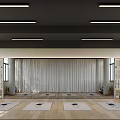 Spacious Fitness Yoga Studio With Wooden Floor Multiple Mats White Curtains And Strip Lights