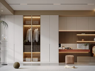 Modern Walk in Closet Interior With White Cabinets Glass Doors Hanging Clothes And Warm Lighting 3d model