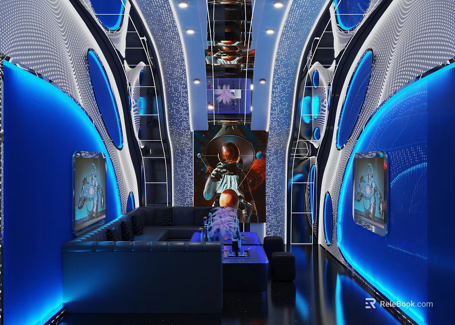 Modern KTV Interior Design Featuring Blue Lighting Comfortable Sofa TV Screens And Futuristic Decor 3d model 