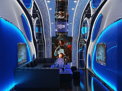 Modern KTV Interior Design Featuring Blue Lighting Comfortable Sofa TV Screens And Futuristic Decor 3d model