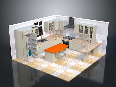 Modern Kitchen Interior With Orange Island Counter White Cabinets Stove Range Hood And Checkerboard Tiles 3d model