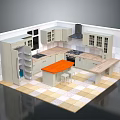 Modern Kitchen Interior With Orange Island Counter White Cabinets Stove Range Hood And Checkerboard Tiles