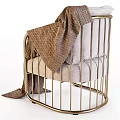 Modern Armchair with Gold Metal Frame Light Gray Cushion Blue Pillow and Brown Knitted Blanket