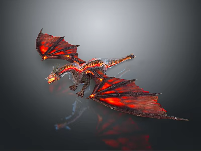 3D Rendered Red Orange Dragon With Glowing Wings Body Dark Background And Reflection 3d model