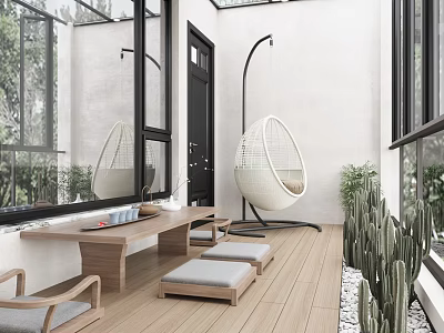 Cozy Modern Home Balcony With Wicker Hanging Chair Long Table Cushions Wooden Flooring And Plants 3d model