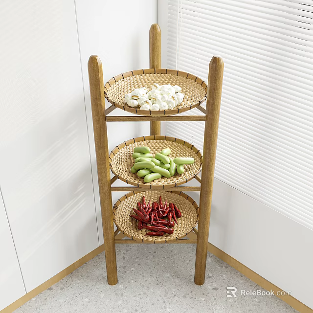 Wooden Corner Storage Rack with Three Woven Trays Holding Garlic Green Vegetables and Red Chilies 3d model 