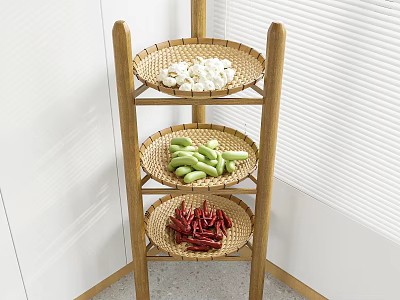 Wooden Corner Storage Rack with Three Woven Trays Holding Garlic Green Vegetables and Red Chilies 3d model