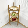 Wooden Corner Storage Rack with Three Woven Trays Holding Garlic Green Vegetables and Red Chilies
