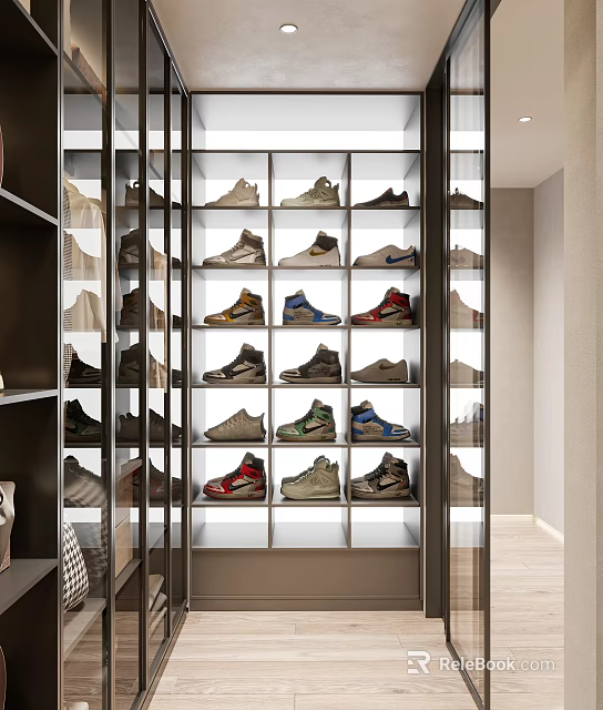 Organized Walk In Closet Design With Multiple Sneakers On Glass Shelves 3d model 