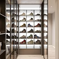 Organized Walk In Closet Design With Multiple Sneakers On Glass Shelves
