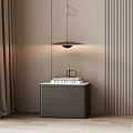 Modern Gray Bedside Table With Stacked Books And Pendant Light Near Striped Wall 3d model