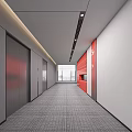 Modern Elevator Hallway Interior With Red Textured Wall Gray Carpet And Large Windows 3d model