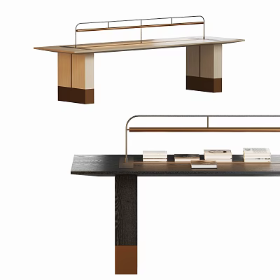 Modern Minimalist Desk With Black Wooden Surface And Stacked Books On Top 3d model