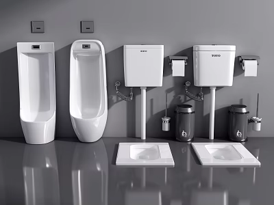 White Urinals In Modern Bathroom With Wall Mounted Sinks And Trash Bins 3d model