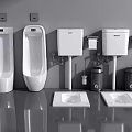 White Urinals In Modern Bathroom With Wall Mounted Sinks And Trash Bins