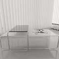 Modern Glass Top Coffee Table With Metal Frame In Bright Interior With White Blinds And Magazines