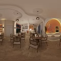 Modern Café Interior Design With Orange Arched Wall Portrait Cactus Wooden Tables And Pendant Lights
