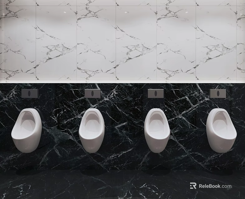 Four White Urinals Mounted On Modern Black And White Marble Bathroom Wall 3d model 