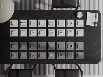 Neatly Arranged Various Switch Panels On Black Table 3d model