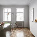 Modern Kitchen Interior With Black Marble Island White Cabinets Brass Pendant Lights And Wooden Flooring
