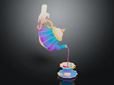 Colorful Ceramic Teapot Being Poured by Hand Into Stylish Teacup with Saucer for Daily Use 3d model