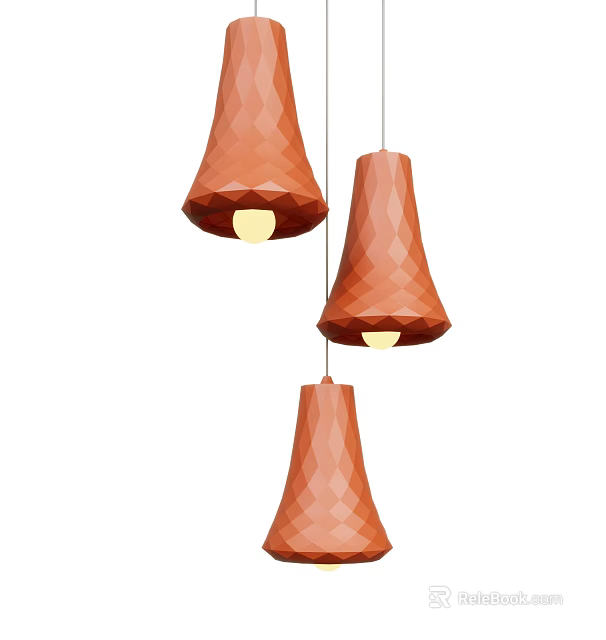 Three Orange Polygonal Cone Pendant Lights Illuminated in Modern Interior Space 3d model 