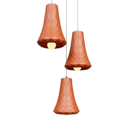 Three Orange Polygonal Cone Pendant Lights Illuminated in Modern Interior Space 3d model