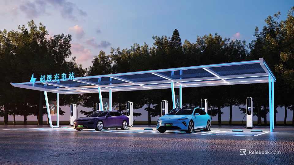 New Energy Charging Station With Electric Vehicles Charging Under Canopy Surrounded By Trees At Dusk 3d model 