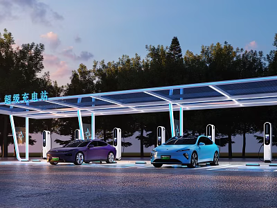 New Energy Charging Station With Electric Vehicles Charging Under Canopy Surrounded By Trees At Dusk 3d model