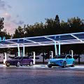 New Energy Charging Station With Electric Vehicles Charging Under Canopy Surrounded By Trees At Dusk
