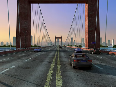 Red Suspension Bridge with Cars Driving Against City Skyline at Sunset 3d model