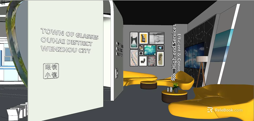 Modern Interior Space With Yellow Sofas Decorative Paintings And TV 3d model