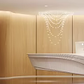 Modern Lobby Interior With Wooden Slatted Columns Polished Floor And People Walking