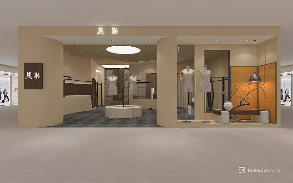 Fashionable Clothing Store Interior Design With Mannequins Display Racks And Elegant Decor 3d model 