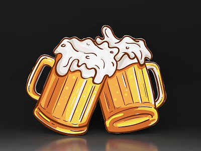 Golden Beer Mugs Clinking Together With Frothy White Foam On Top 3d model