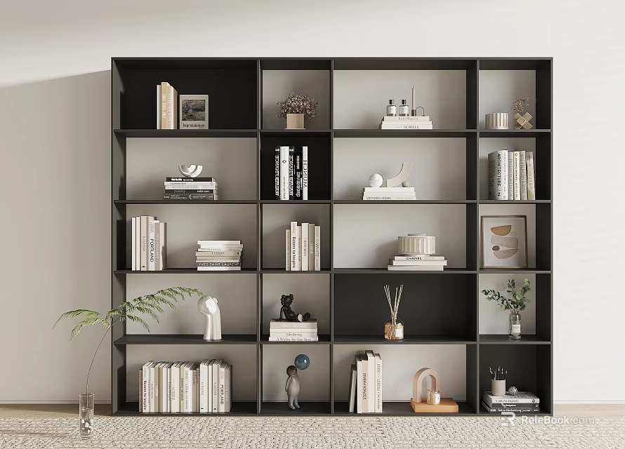 Sleek Black Bookcase With Multiple Compartments Books Decorative Items And Plant 3d model 