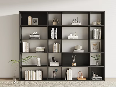 Sleek Black Bookcase With Multiple Compartments Books Decorative Items And Plant 3d model