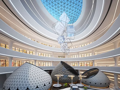 Modern Shopping Mall Atrium With Blue Glass Dome Geometric Decorations And Multi Level Bright Space 3d model