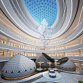 Modern Shopping Mall Atrium With Blue Glass Dome Geometric Decorations And Multi Level Bright Space