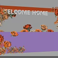 Floral Display with Orange Frame Welcome Home Sign and Orange White Roses Decorative Setup